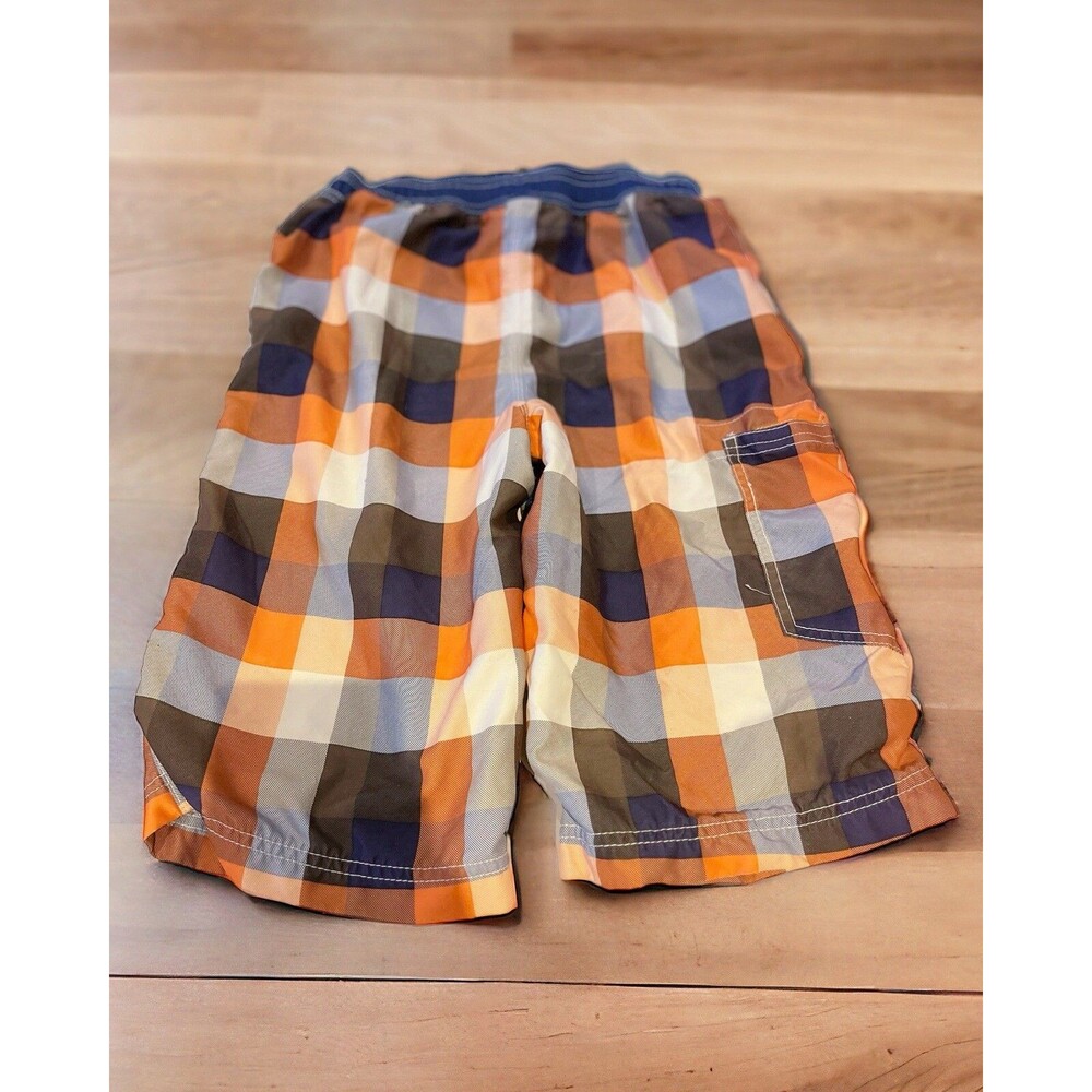 Boys Mini Boden Swim Trunks Tartan Plaid Cargo Orange Lined Board Shorts 11-12Yr